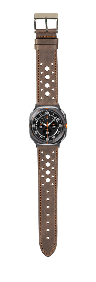 Dark brown perforated leather watch band with stainless steel buckle for Galaxy Watch 8 and Ultra models