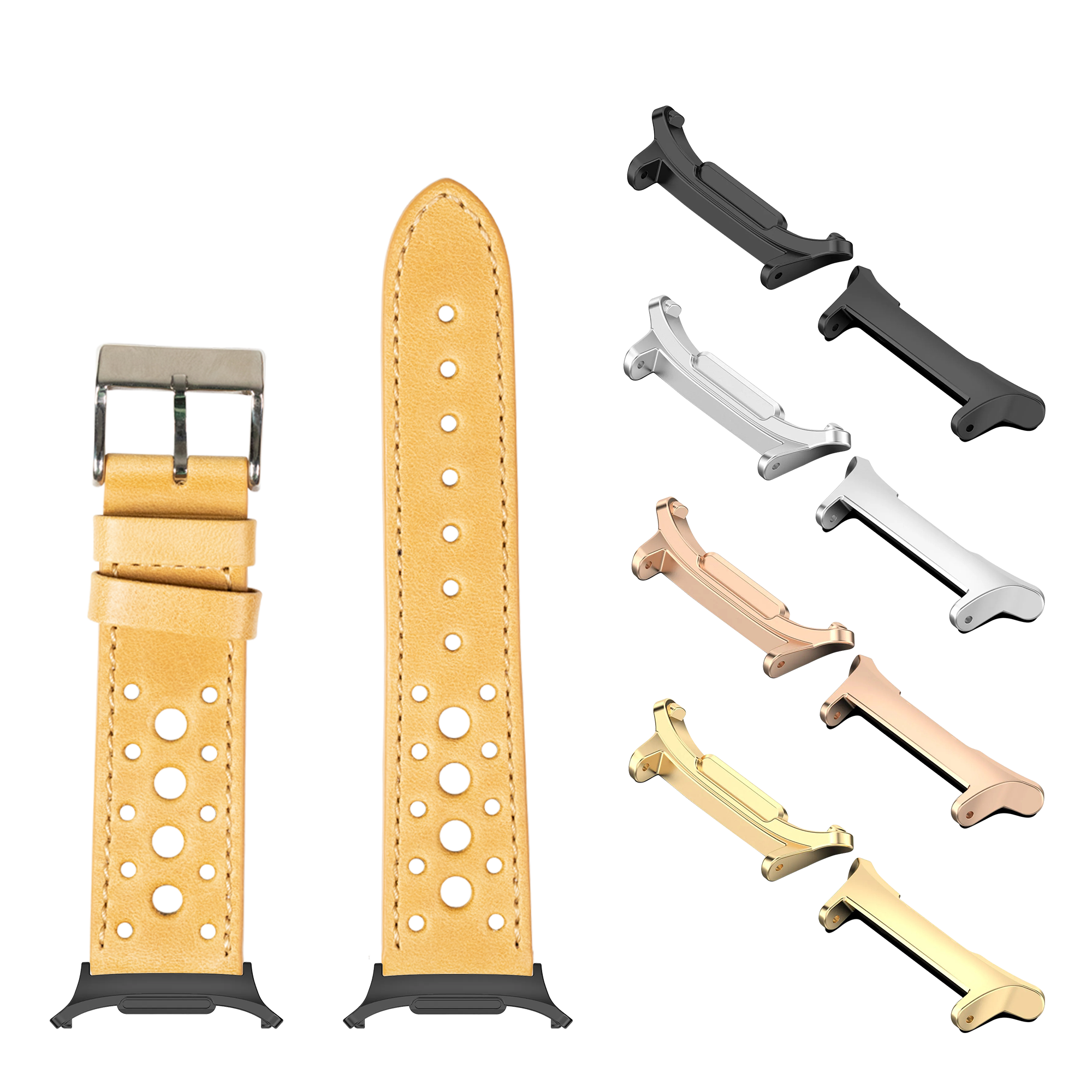 Yellow leather smartwatch band with perforated design, matching metal buckles and multiple color connector options for Galaxy Watch 8 Ultra