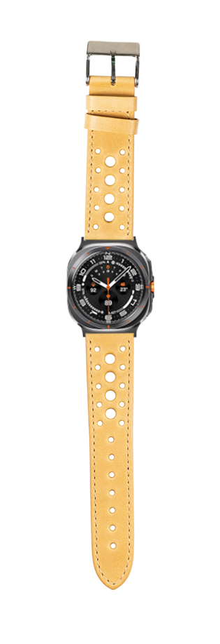 Black sports watch with golden brown perforated leather strap and stainless steel buckle, isolated on white background