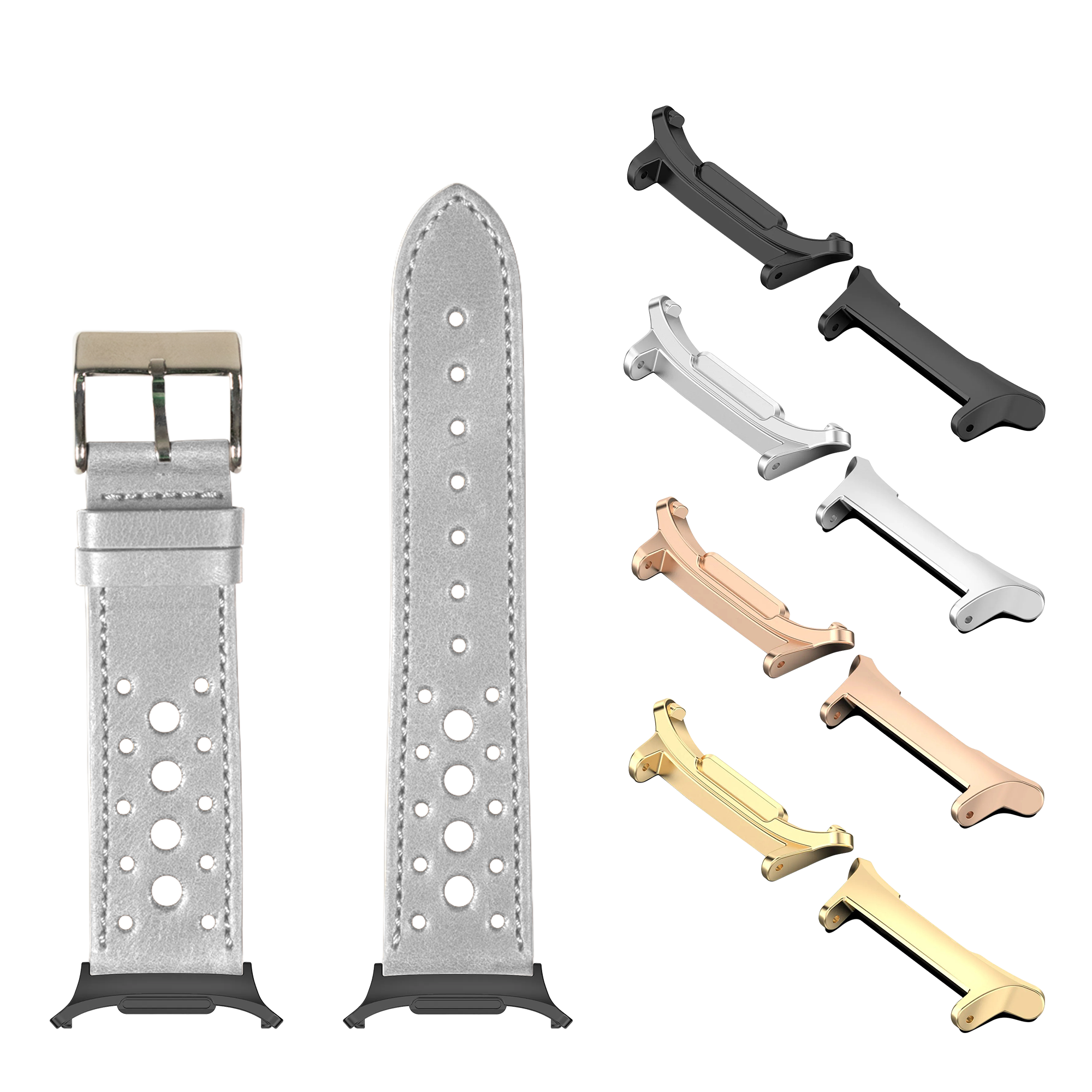 Grey Daytona leather watch band with perforated design, metal buckle, interchangeable lugs in black, silver, rose gold, and gold finishes for Galaxy Watch 8 Ultra