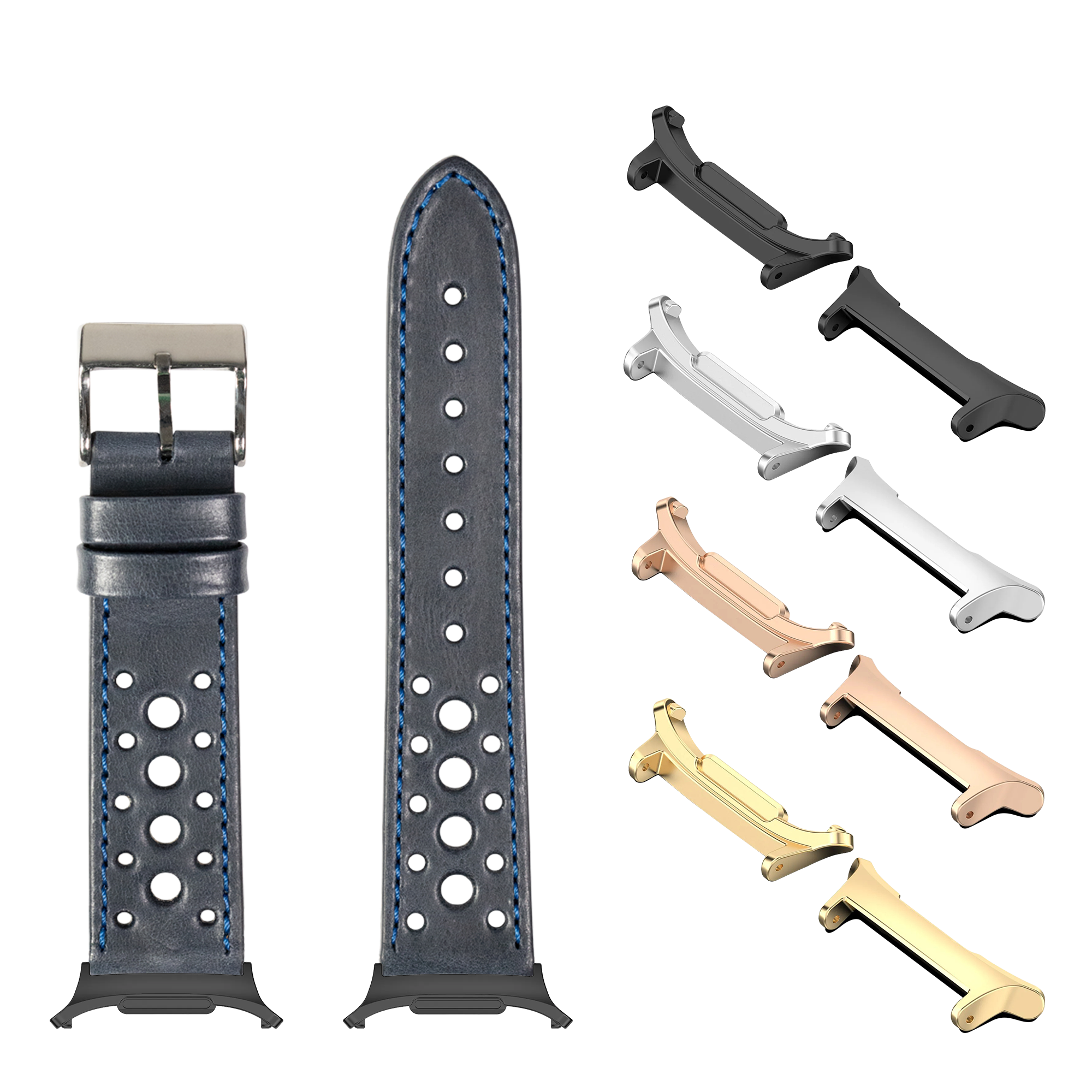 Galaxy Watch leather band Daytona navy blue with blue stitching, interchangeable lugs, and case protector accessories