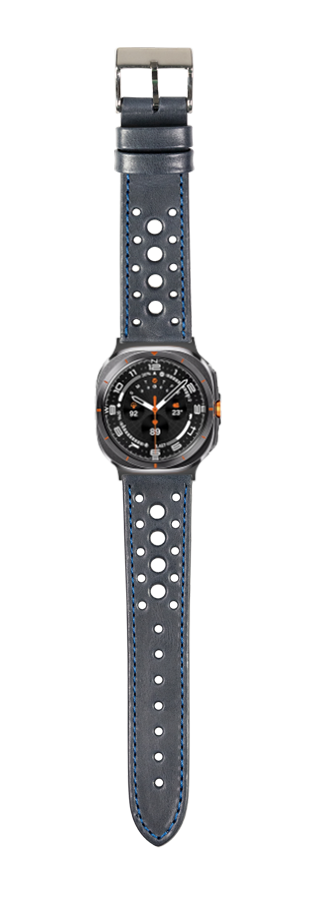 Navy blue leather watch band with white perforated holes and silver buckle for Galaxy Watch 8/Ultra sports smartwatch