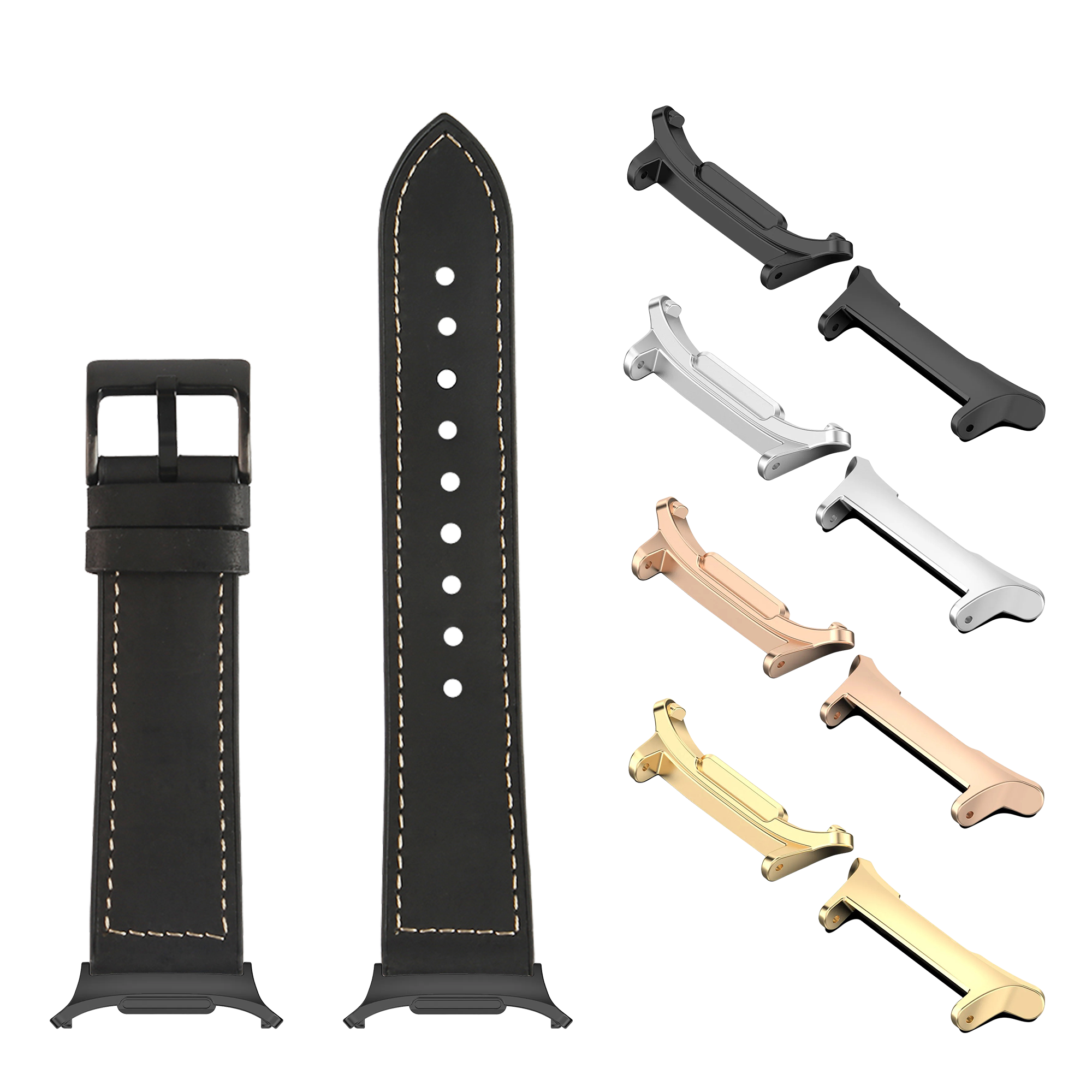 Black leather watch band with brown stitching, interchangeable metal lugs in multiple finishes and black sport connector for Galaxy Watch compatibility