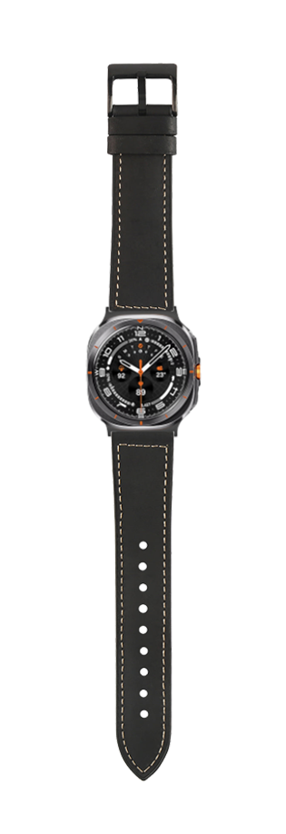 Black leather hybrid smartwatch band with white stitching, stainless steel case, black dial with orange accents