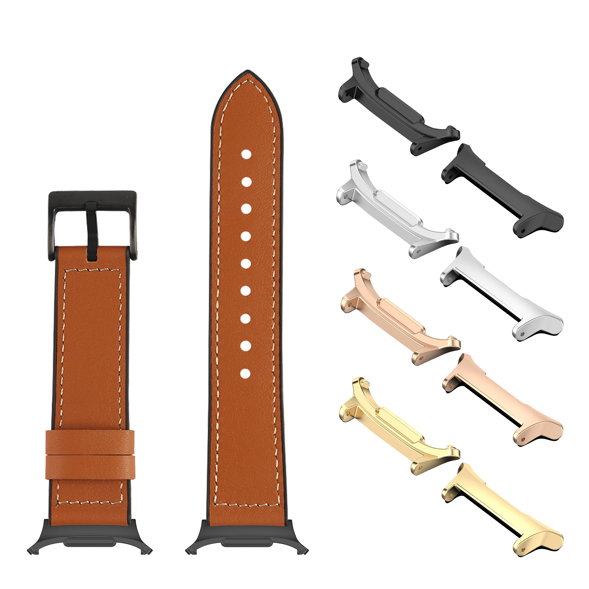 Brown leather hybrid smartwatch band with stainless steel case connectors and interchangeable metal adapter collection in multiple finishes