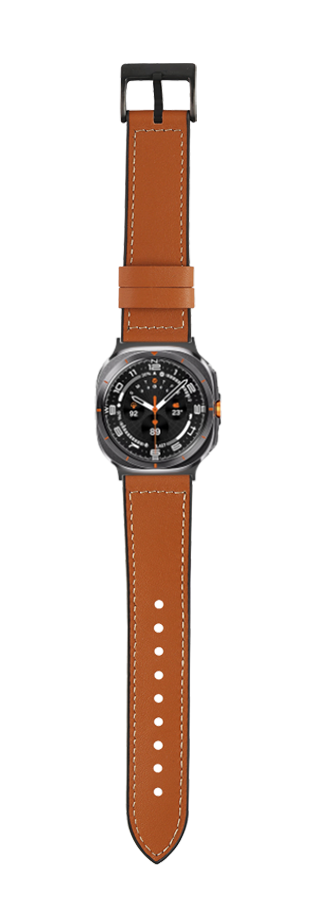 Brown leather hybrid watch band with white stitching, black buckle, and sport watch face with orange accents