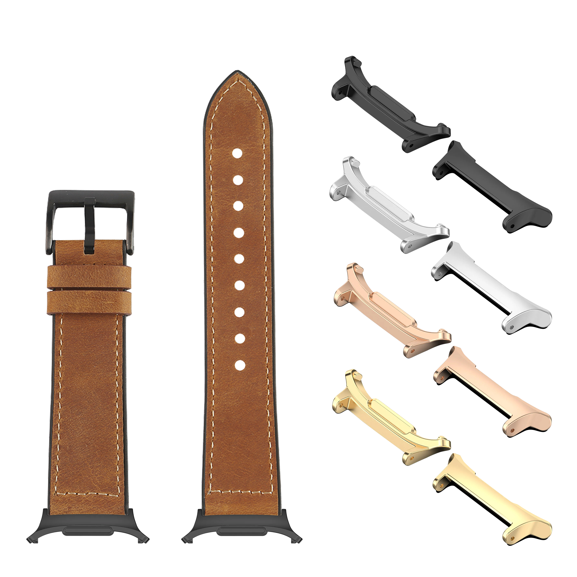 Brown leather hybrid watch band with contrasting stitching, black case connector, and multiple metal lugs in gold, rose gold, silver, and black finishes