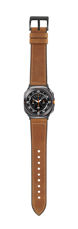 Men's smartwatch with dark brown leather hybrid band and black dial featuring orange accents