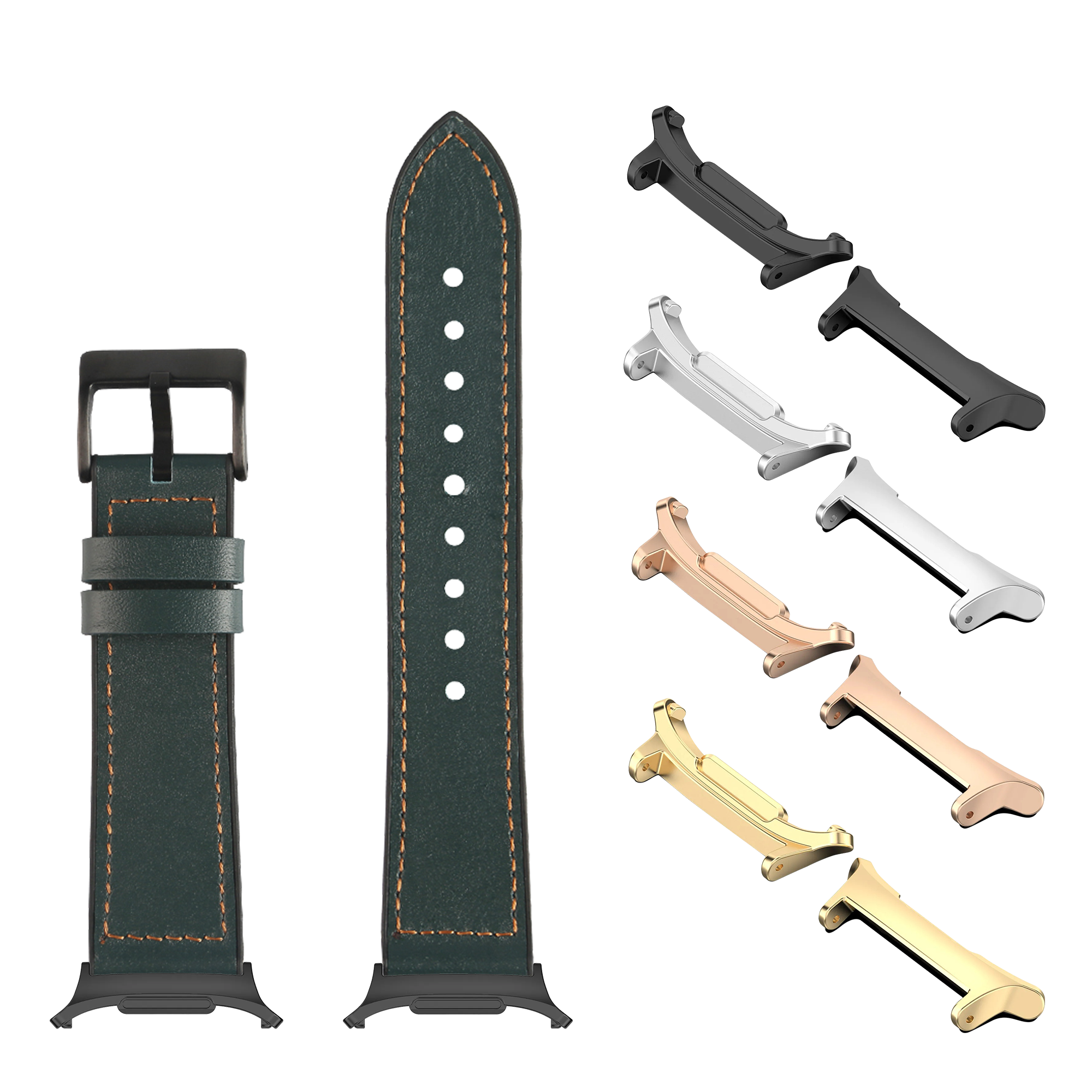 Forest green leather hybrid watch band with contrasting stitching, metal buckle, and interchangeable lugs in black, silver, rose gold, and gold finishes