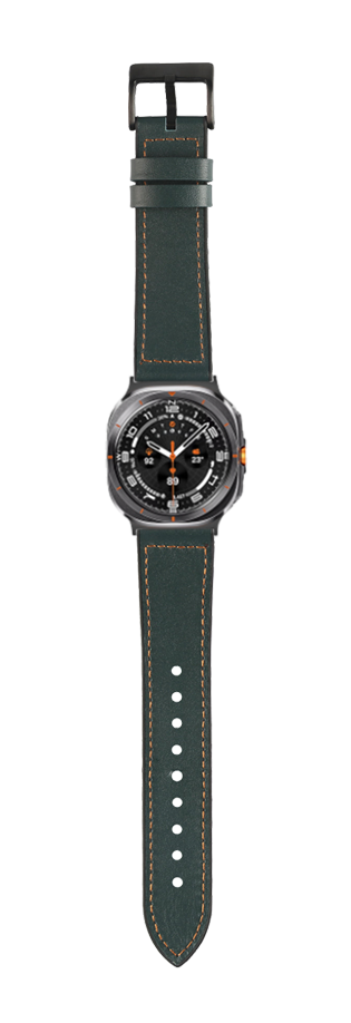 Forest green leather hybrid watch band with contrasting stitching, black buckle, and orange accents on sports watch face