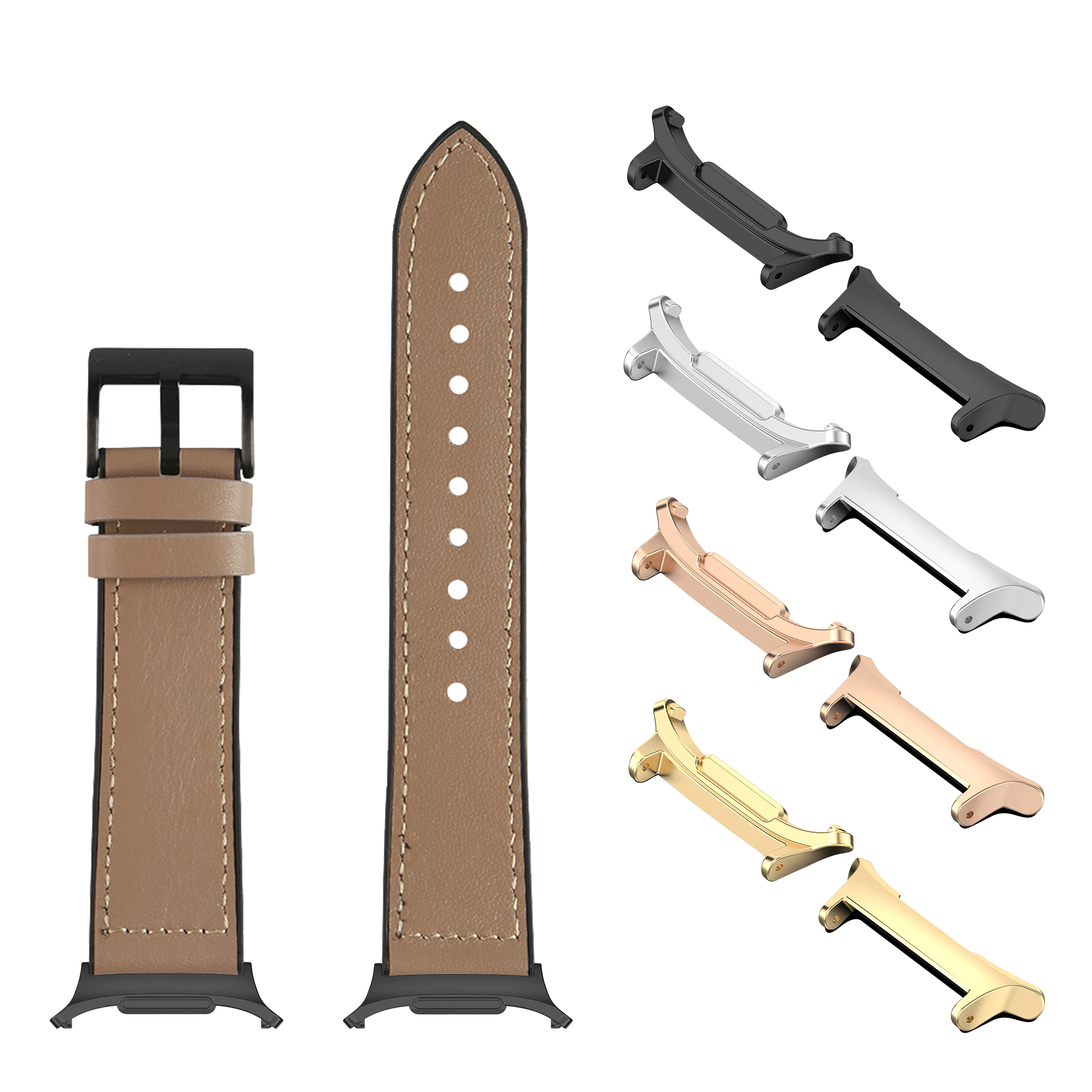 Tan leather smartwatch band with black case adapter and interchangeable metal clasp connectors in gold, rose gold, silver, and black finishes