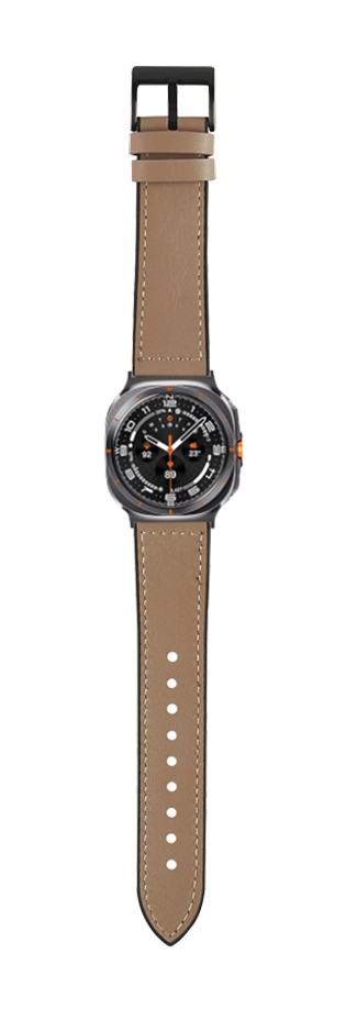 Stainless steel smartwatch with black dial and orange accents on tan leather hybrid band with white stitching