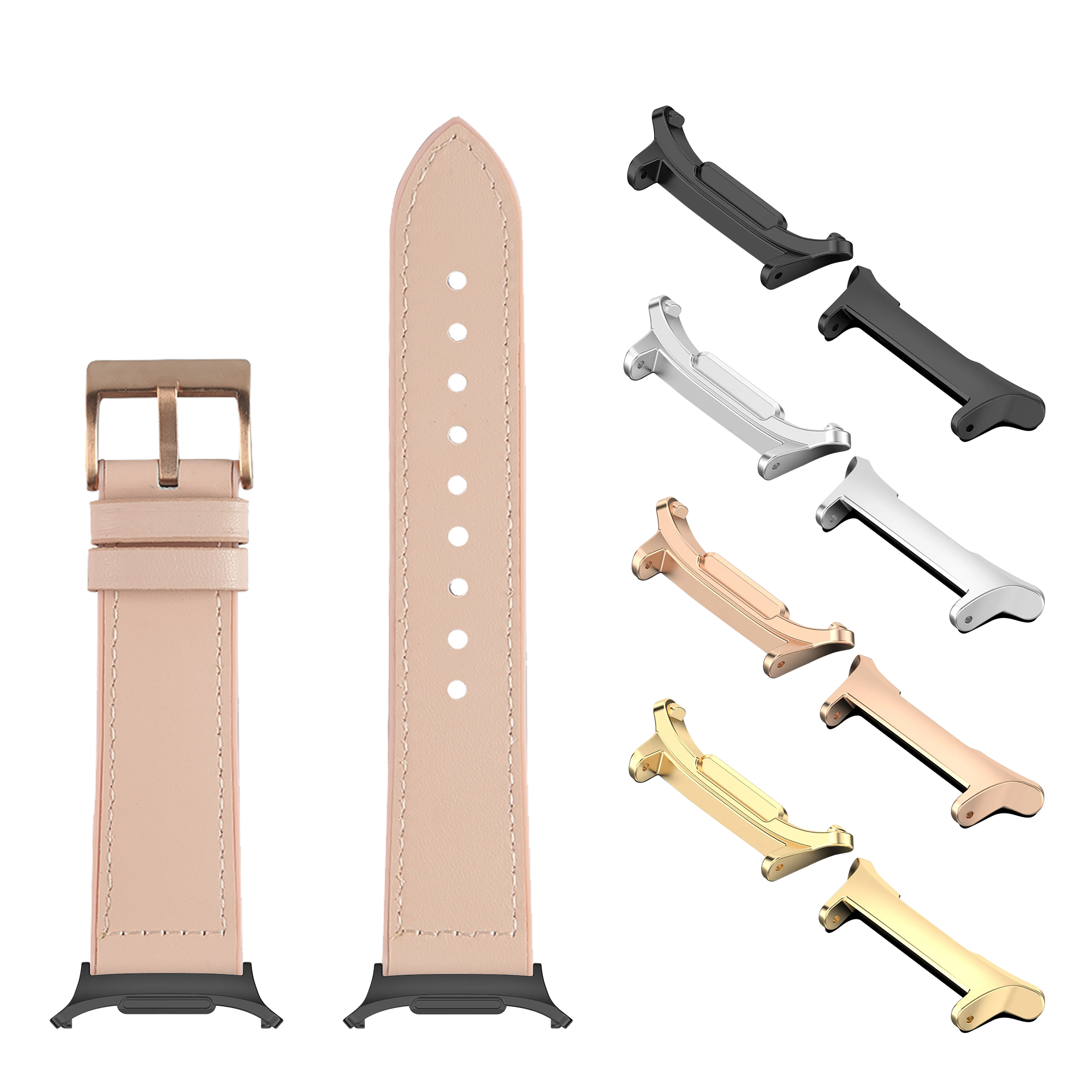Pale pink leather hybrid watch band with interchangeable metal connectors in gold, rose gold, silver, and black finishes for Galaxy Watch