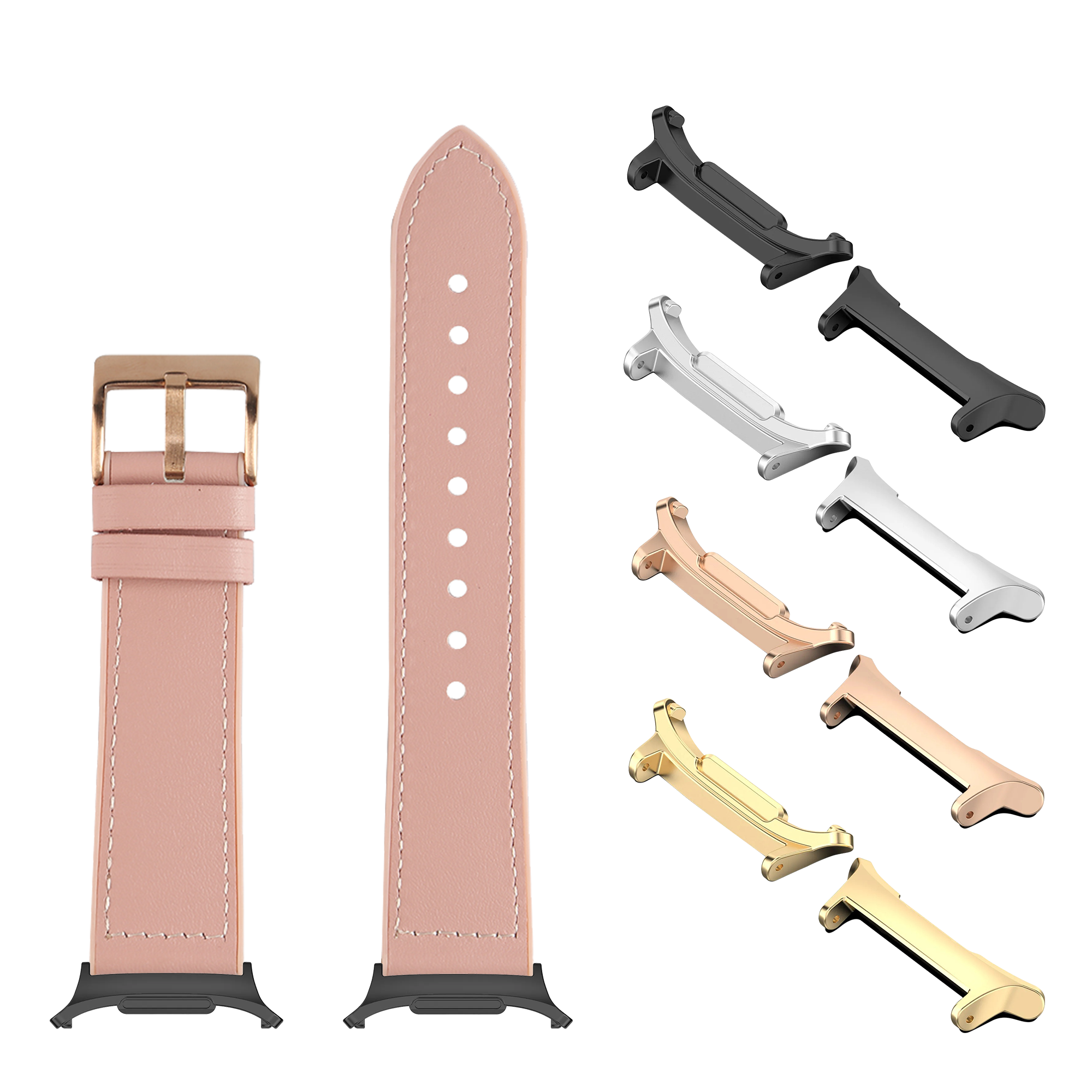 Pink leather hybrid watch band with rose gold buckle and interchangeable metal lugs in multiple finishes