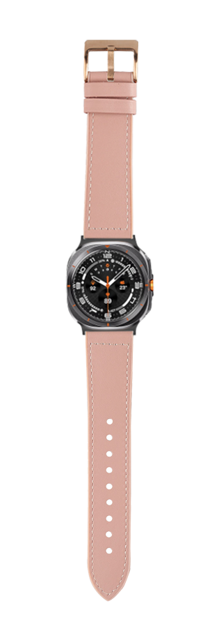 Black sport watch with pink leather hybrid band and rose gold buckle, featuring dial with date window