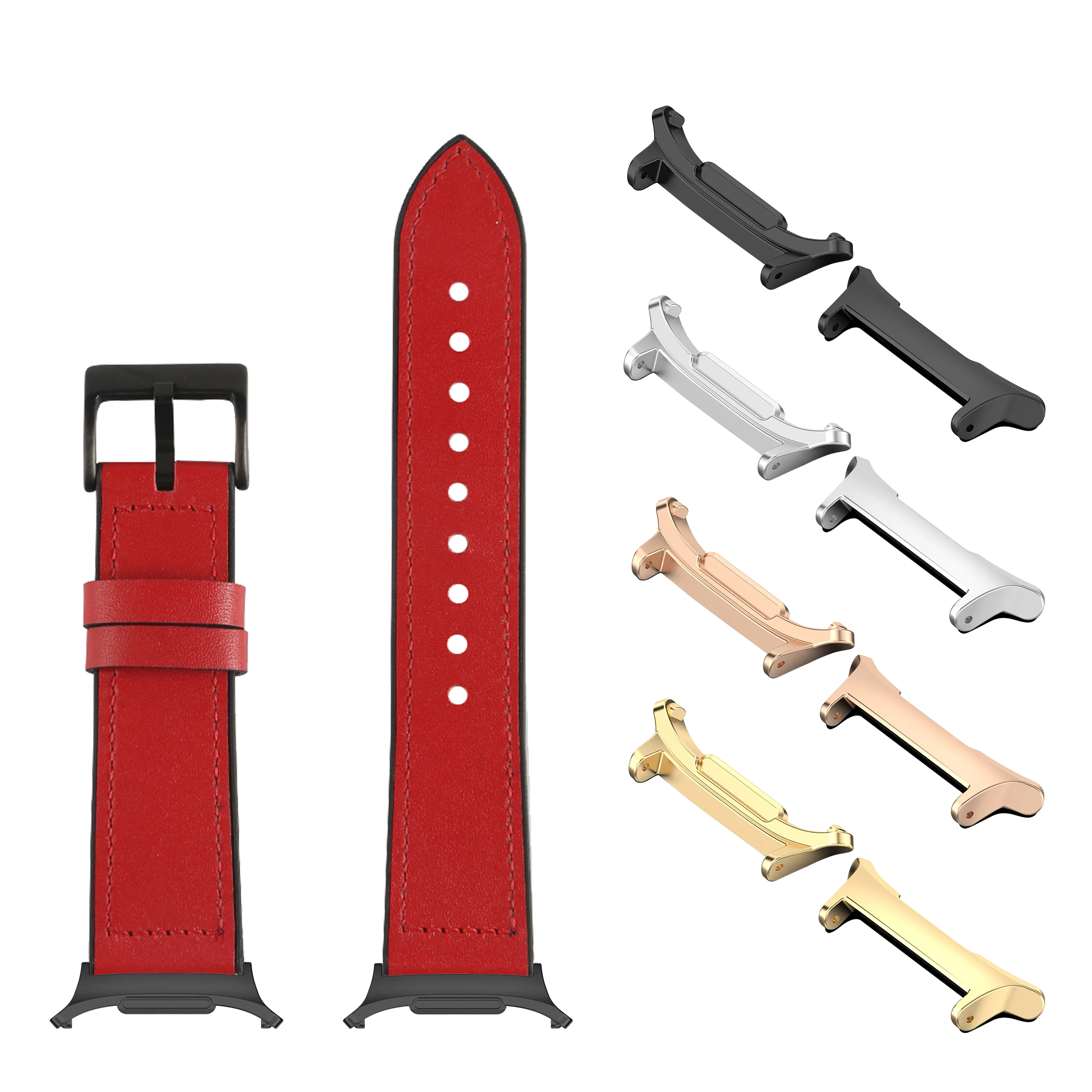 Red leather hybrid smartwatch band with black hardware, interchangeable metal lugs in black, silver, rose gold, and gold finishes