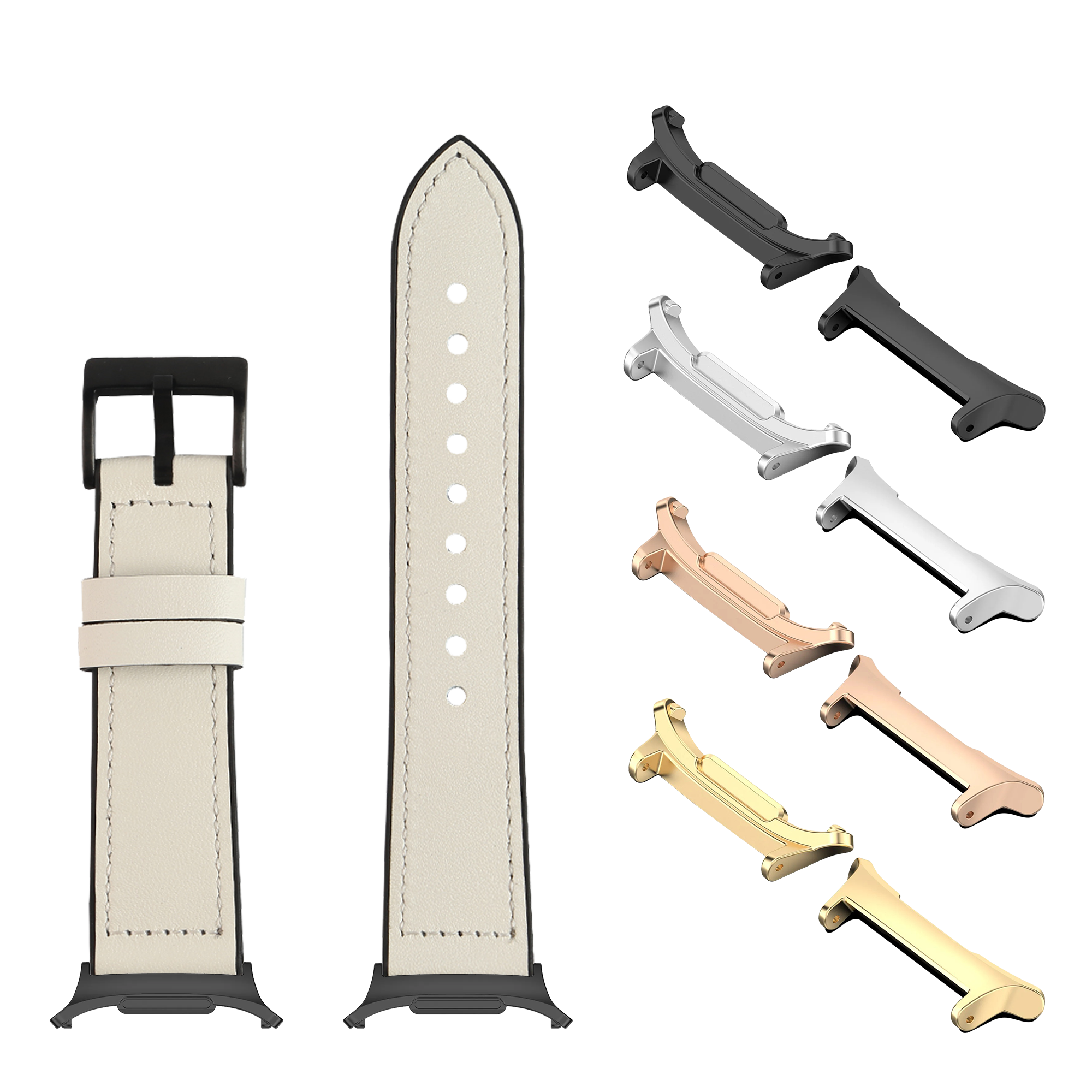 Cream leather hybrid watch band with black buckle and multiple metal lugs in black, silver, rose gold, and gold finishes for Galaxy Watch 8 Ultra