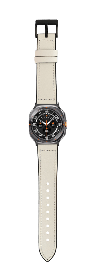 Black dial smartwatch with white leather hybrid strap and orange accents on gunmetal case