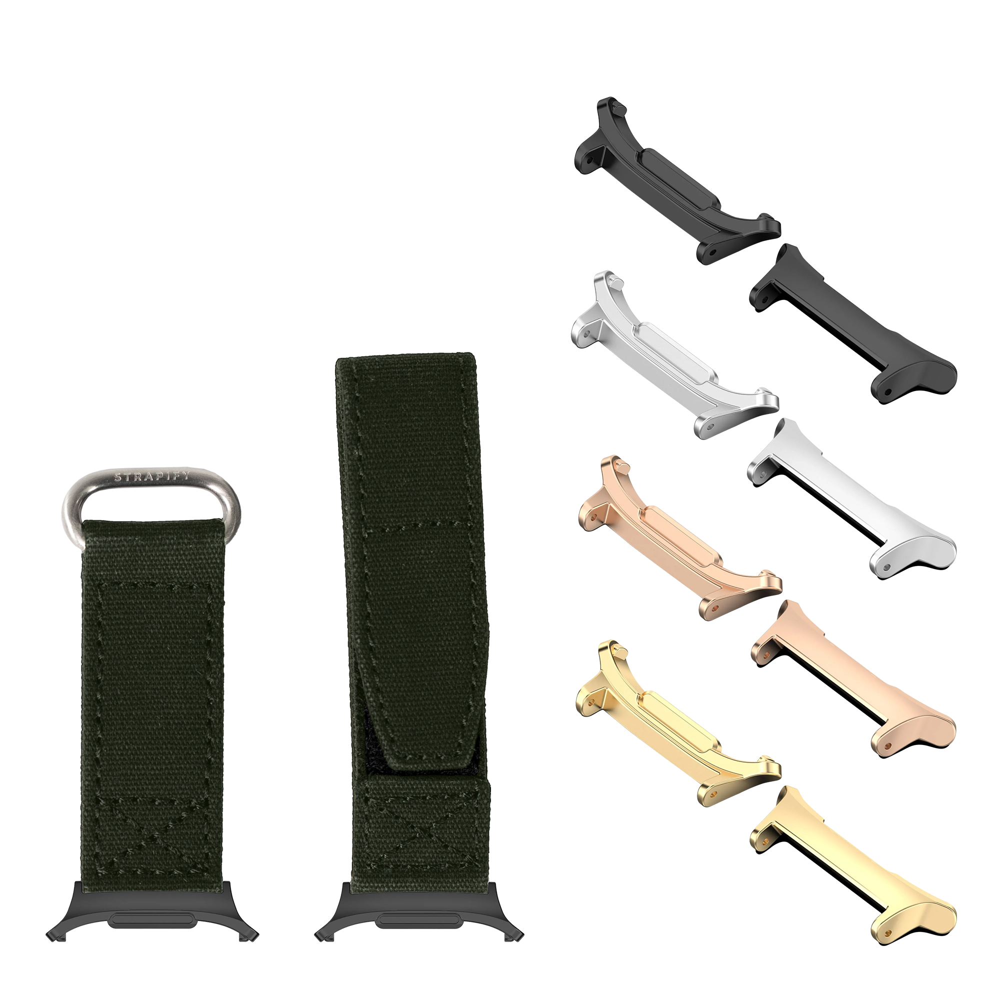 Military olive green velcro watch bands with interchangeable metal hardware in black, silver, rose gold and gold finishes