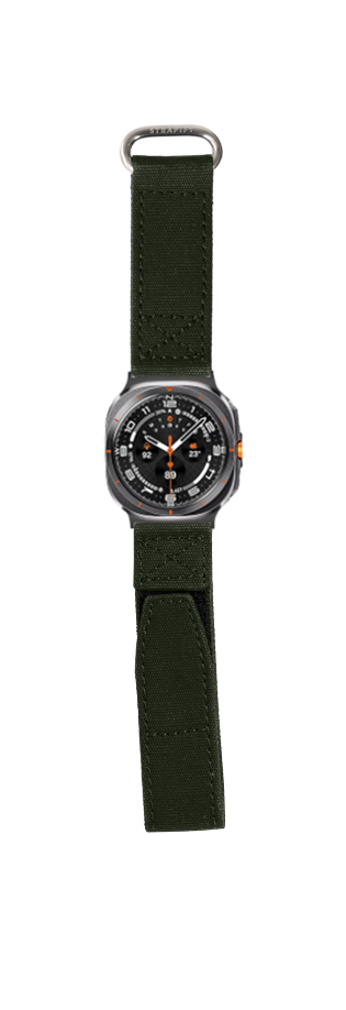 Military-style smartwatch with black dial and orange accents on army green canvas velcro strap