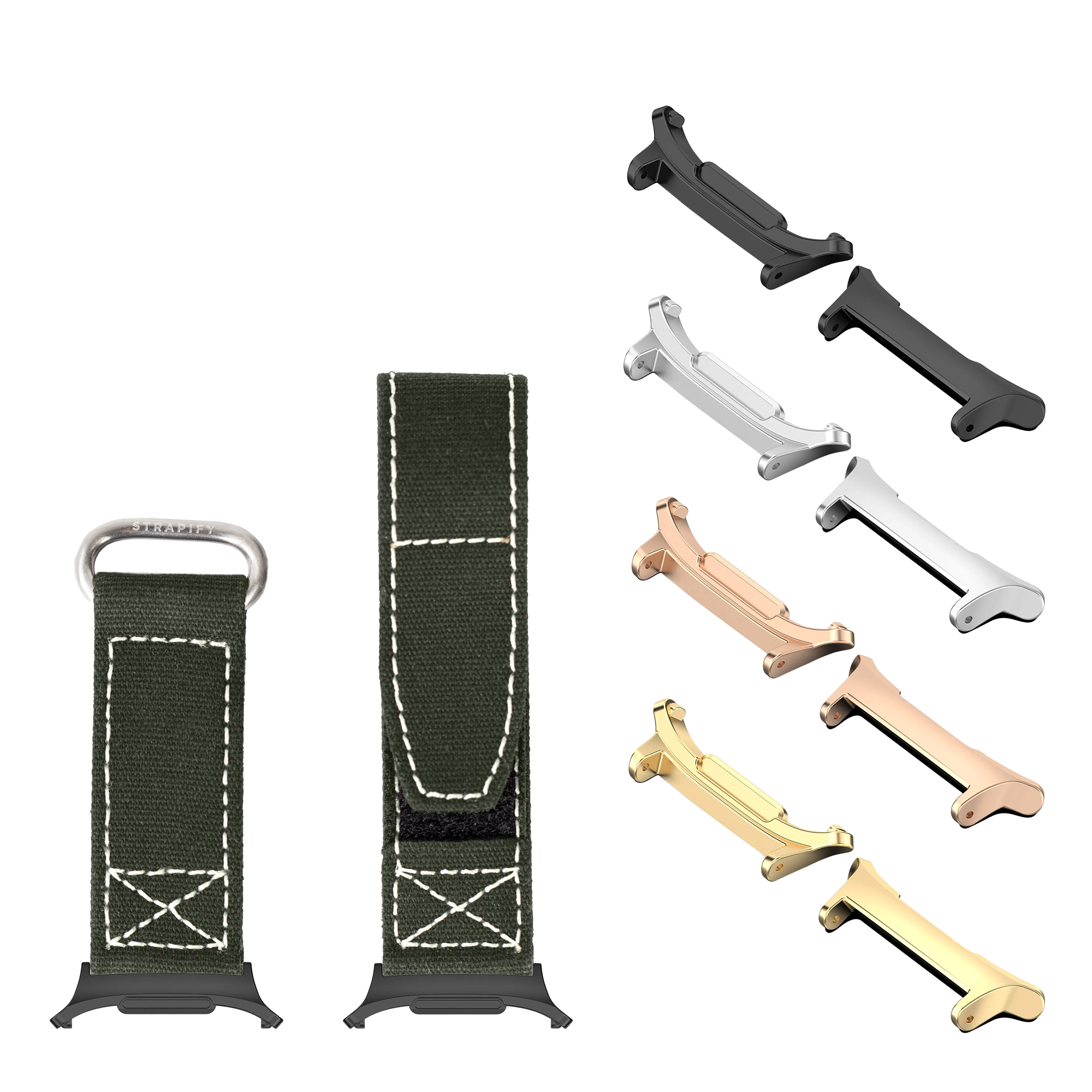 Military-style canvas watch straps in Army Green with white stitching, paired with interchangeable metal lugs in black, silver, rose gold, and gold finishes for Galaxy Watch 8 and Ultra