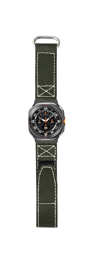 Military-style smartwatch with black dial and orange accents on olive green canvas strap with white contrast stitching