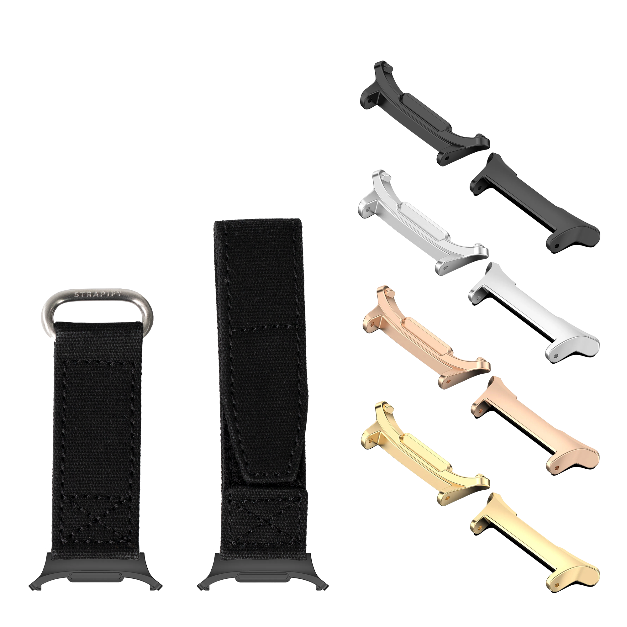 Tactical watch bands and accessories collection showing black velcro straps with metal hardware, interchangeable connectors in multiple finishes, and stainless steel carabiner loop