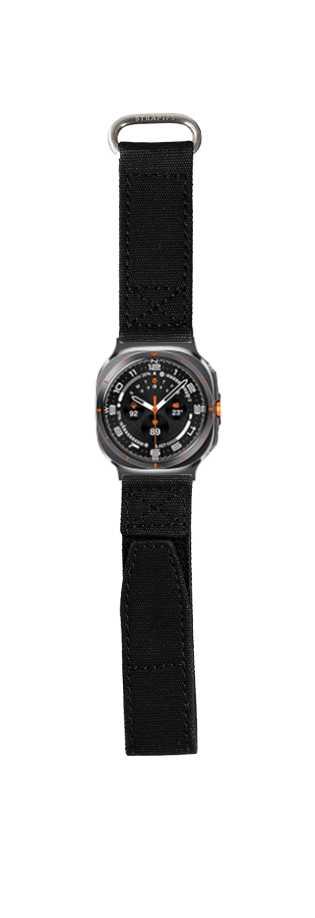 Black military velcro watch band with stainless steel sport watch and orange accents