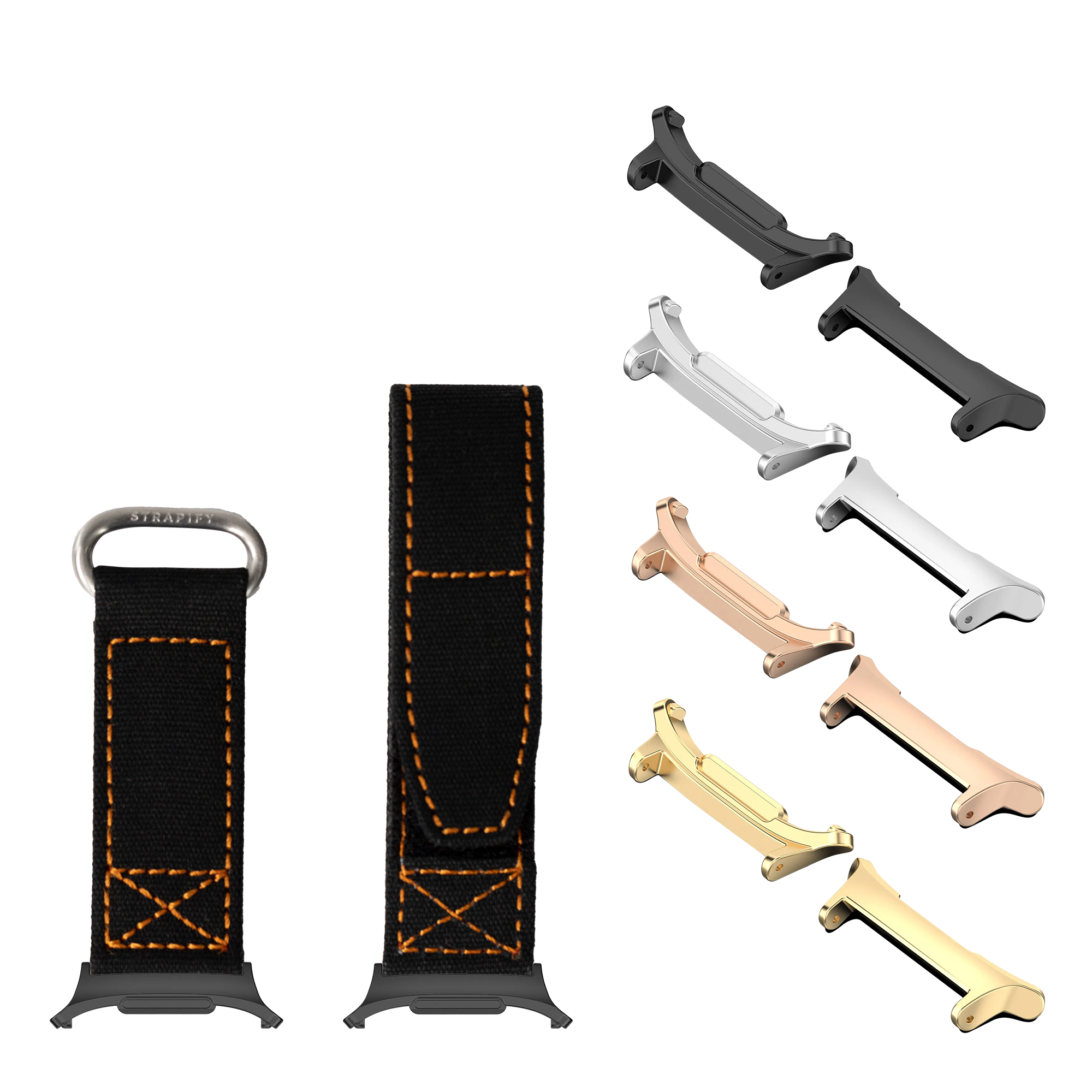 Military-style watch bands and interchangeable metal hardware in black, silver, rose gold, and gold finishes for Galaxy Watch models