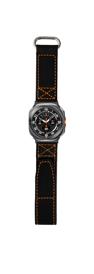 Military-style smartwatch with black nylon band featuring orange stitching and velcro closure, featuring analog dial with orange accents