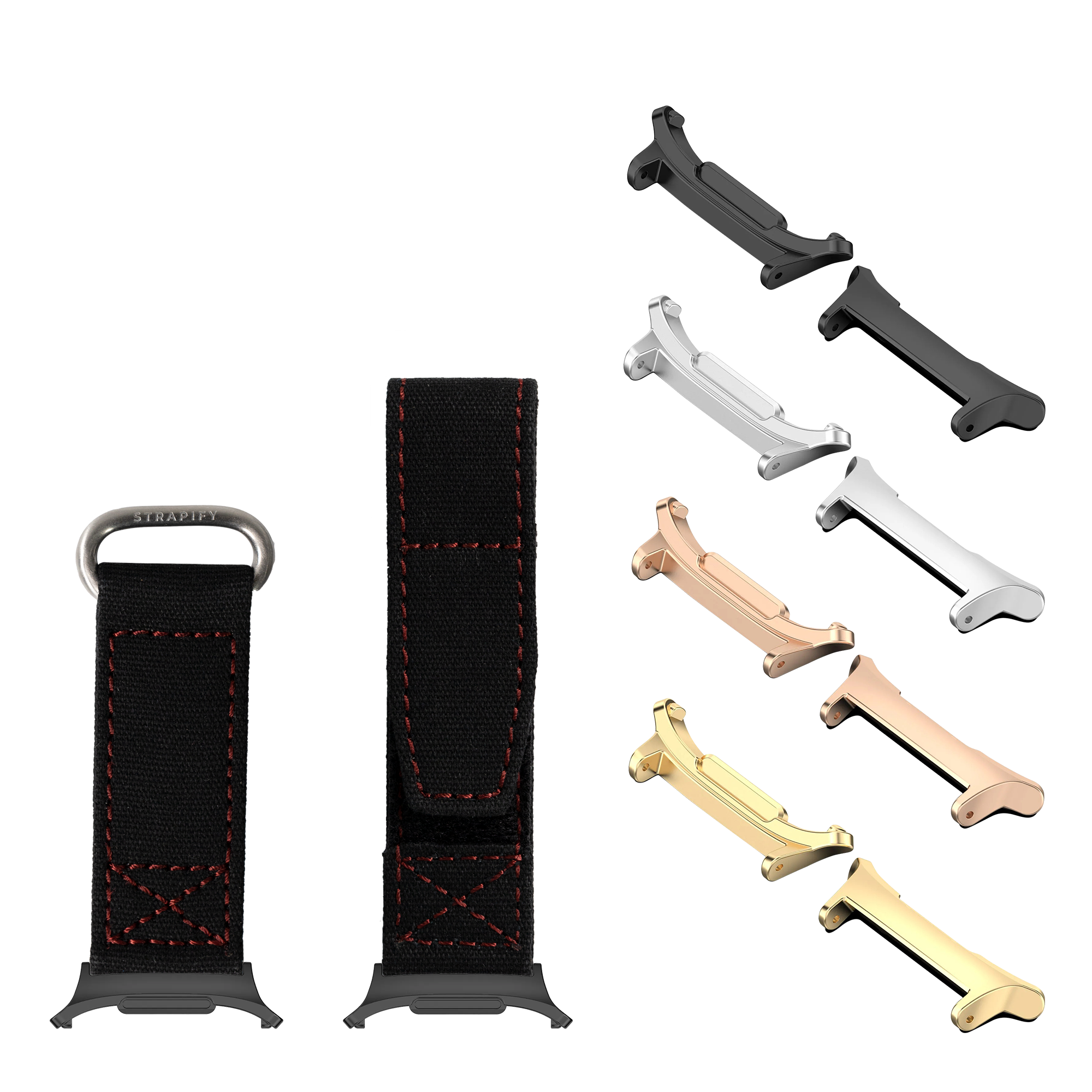 Military-style black nylon Velcro watch bands with red stitching, metal adapters in multiple finishes including black, silver, rose gold and gold, and metal loop attachment hardware