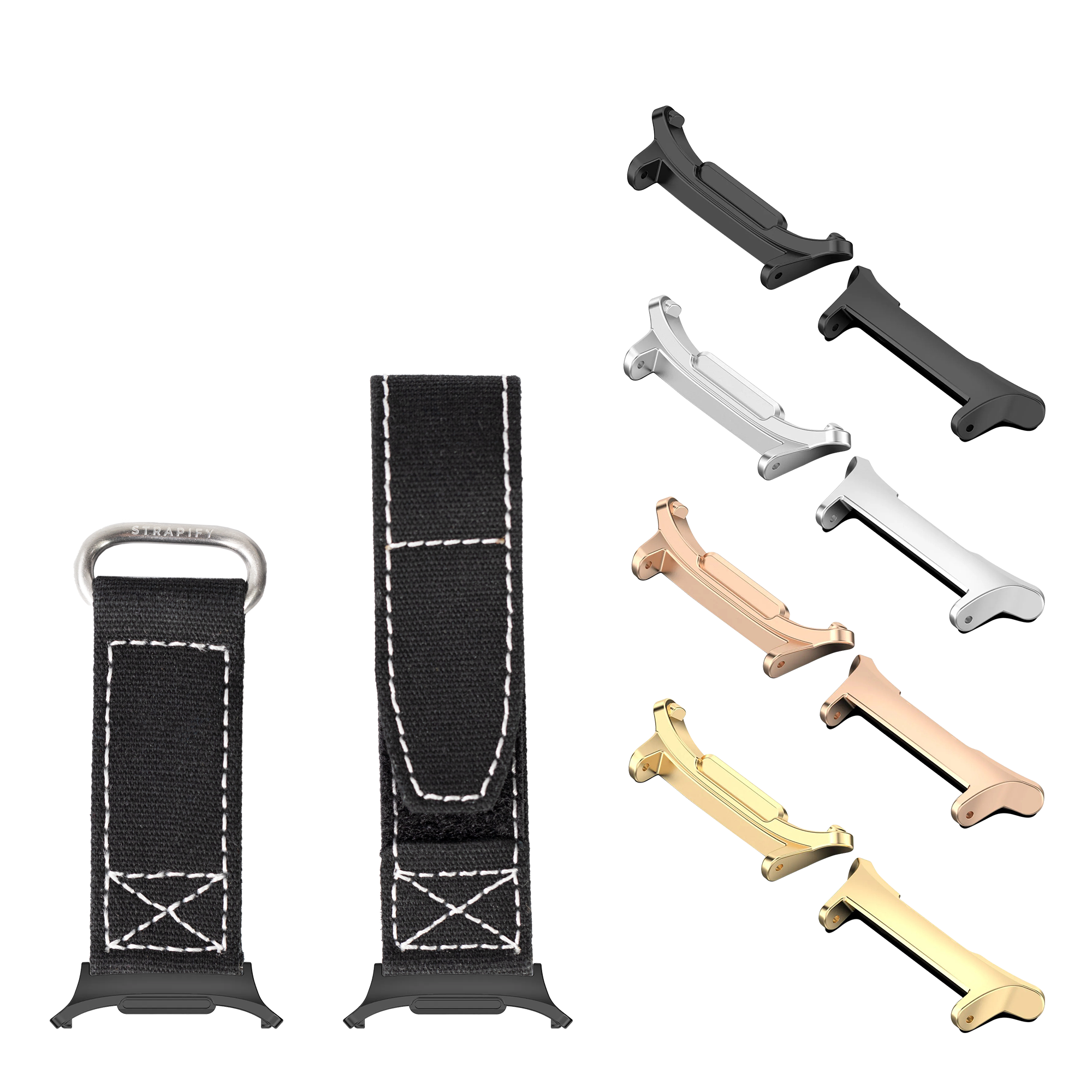Military velcro watch bands and metal connectors for Galaxy Watch 8 Ultra in black, white, rose gold and gold finishes