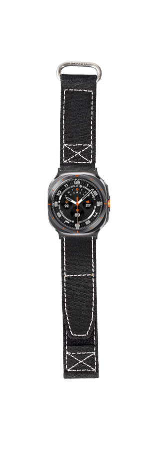 Military-style smartwatch with black canvas Velcro strap, orange accents, and tactical dial design