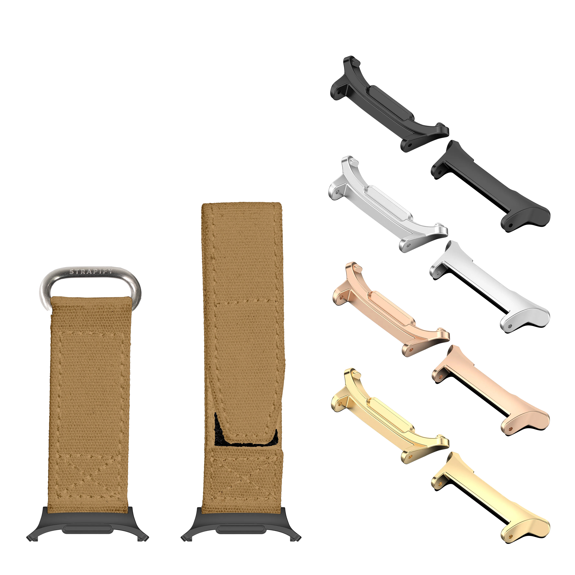 Strapify military velcro watch band system in desert sand with interchangeable hardware lugs in black, silver, rose gold, and gold finishes
