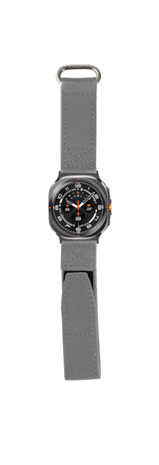 Grey military velcro strap smartwatch band with black dial and orange accents