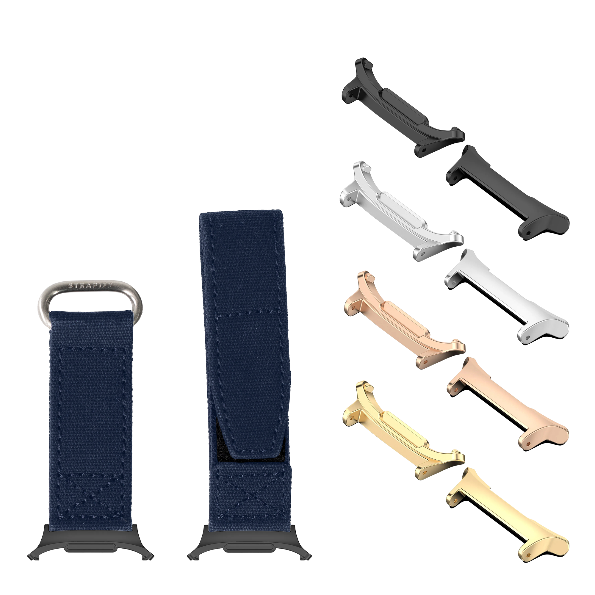 Galaxy Watch 8 and Ultra military velcro strap in navy blue with multiple metal hardware options in black, silver, rose gold, and gold finishes
