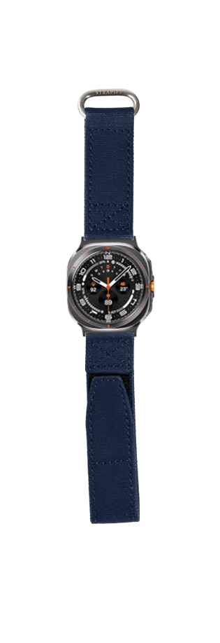 Men's smartwatch with navy blue military velcro strap and black dial with orange accents