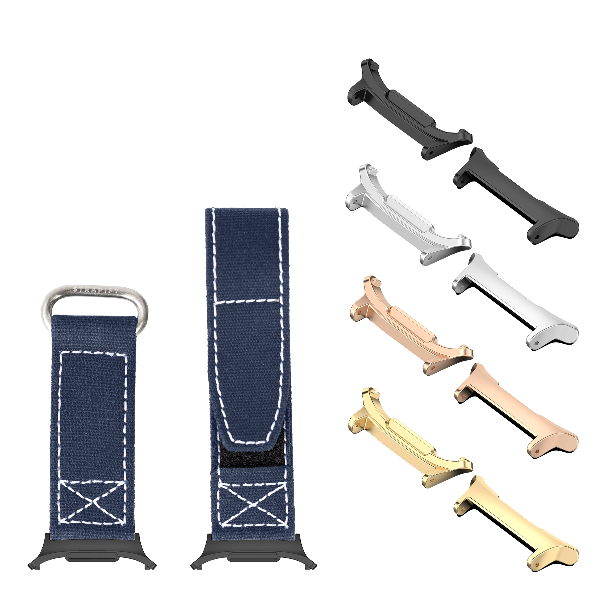 Military velcro watch bands in navy blue with white stitching, displayed with multiple metal hardware attachments in black, silver, rose gold and gold finishes