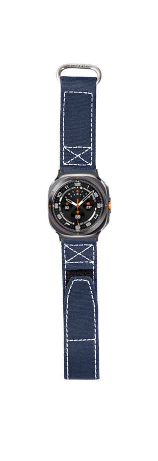 Military-style smartwatch with navy blue canvas band, white stitching, and titanium case with orange accents