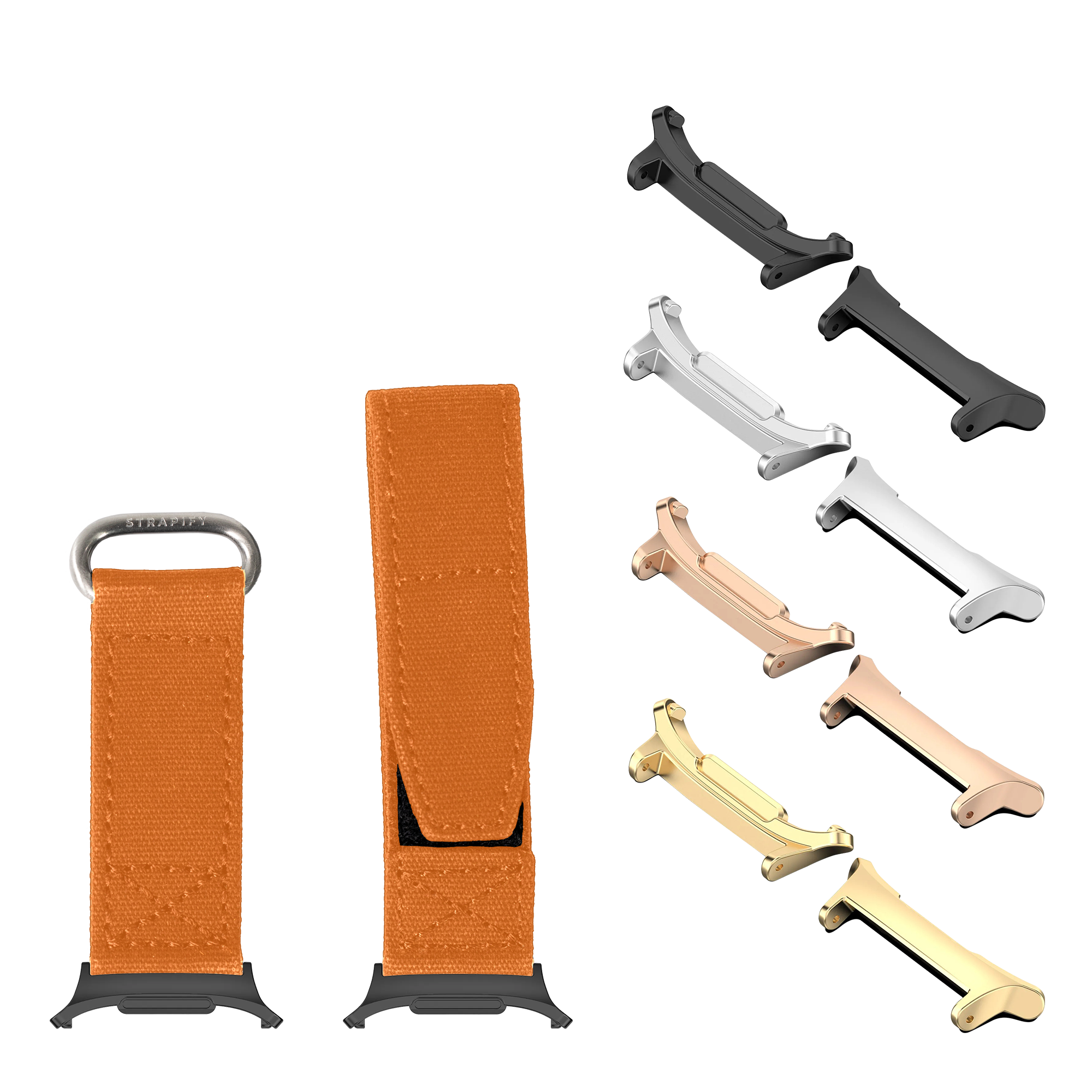 Military velcro watch straps in orange with multiple metal hardware finishes including black, silver, rose gold, and gold options