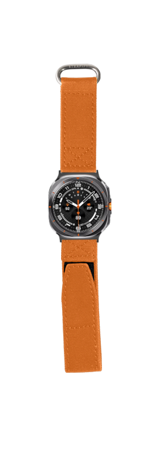 Military-style smartwatch with orange velcro strap and gunmetal case featuring black dial with orange accents