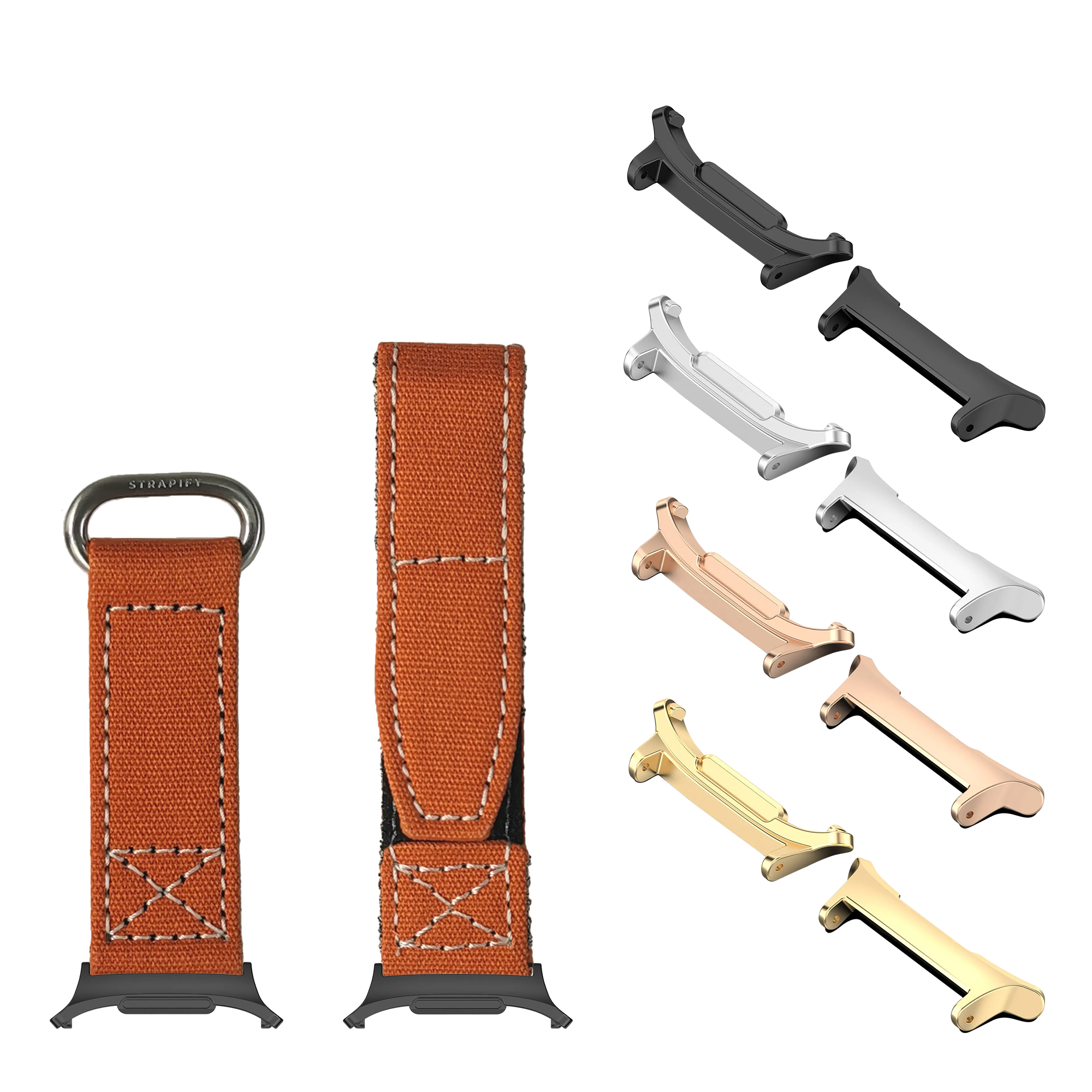 Military Velcro watch band with orange canvas and white stitching, shown with multiple metal connector options in black, silver, rose gold, and gold finishes