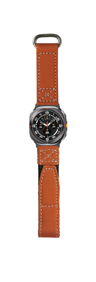 Military style smartwatch with orange canvas band and white stitching, black dial face with orange accents and metal case