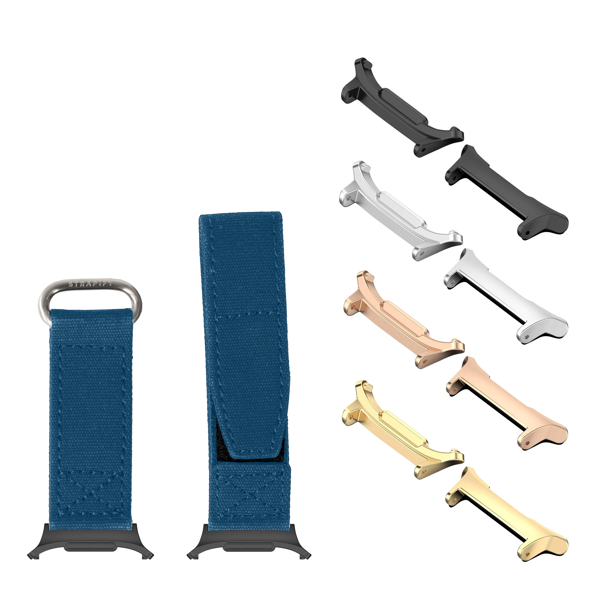 Military Velcro watch straps in petrol blue with multiple metal hardware finishes including black, silver, rose gold, and gold options
