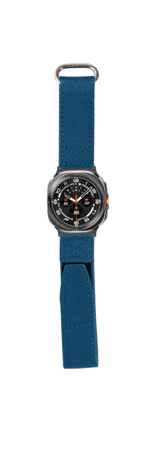 Military Velcro smartwatch band in petrol blue with gray hardware and orange accents