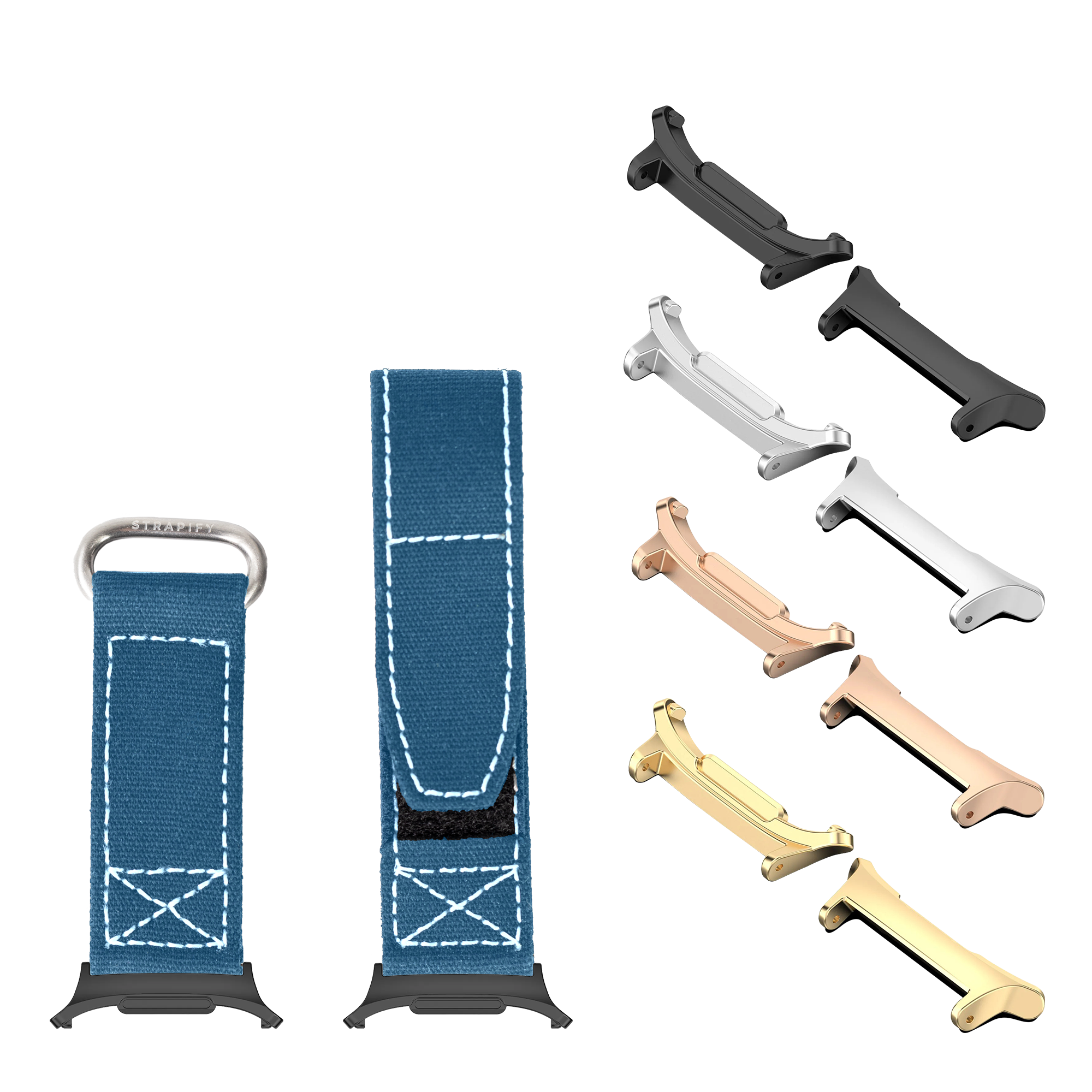 Military velcro watch bands in petrol blue with interchangeable metal hardware in black, silver, rose gold and gold finishes