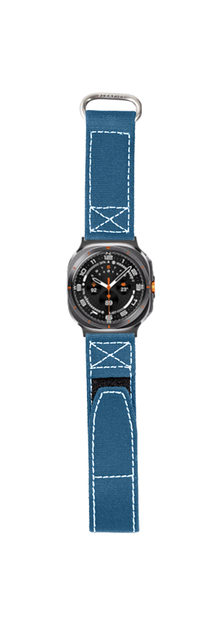 Military-style smartwatch with petrol blue velcro band and white stitching, black dial with orange accents