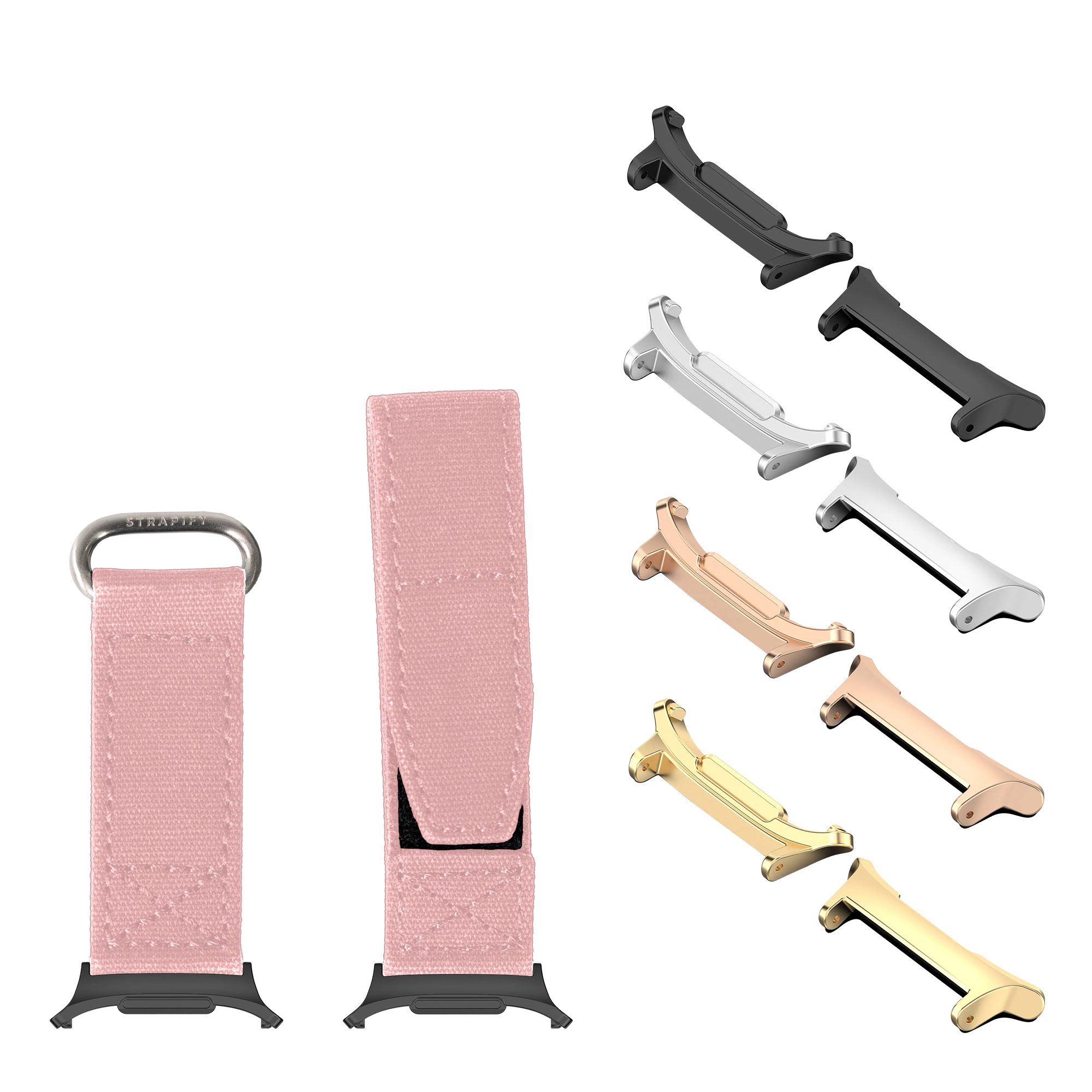 Pink military velcro watch bands with interchangeable metal hardware in black, gold, rose gold and silver finishes for Galaxy Watch 8 and Ultra