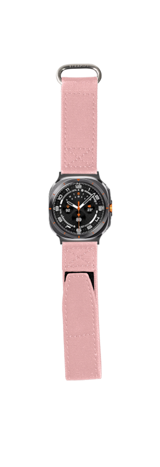 Galaxy Watch 8 Ultra sport watch with pink military velcro strap and black dial face