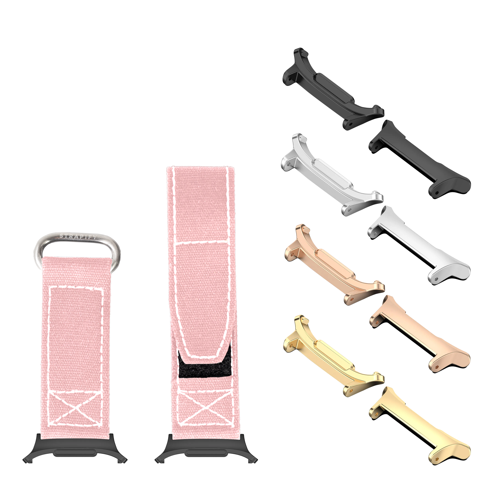 Military velcro watch straps in pink with white stitching and interchangeable metal hardware in multiple finishes